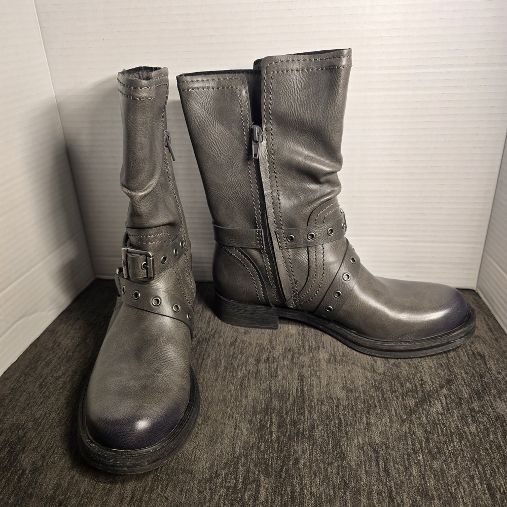 Zodiac Faith Gray Moto Boots Grommet Buckle Slouchy Mid Calf Womens 8M
